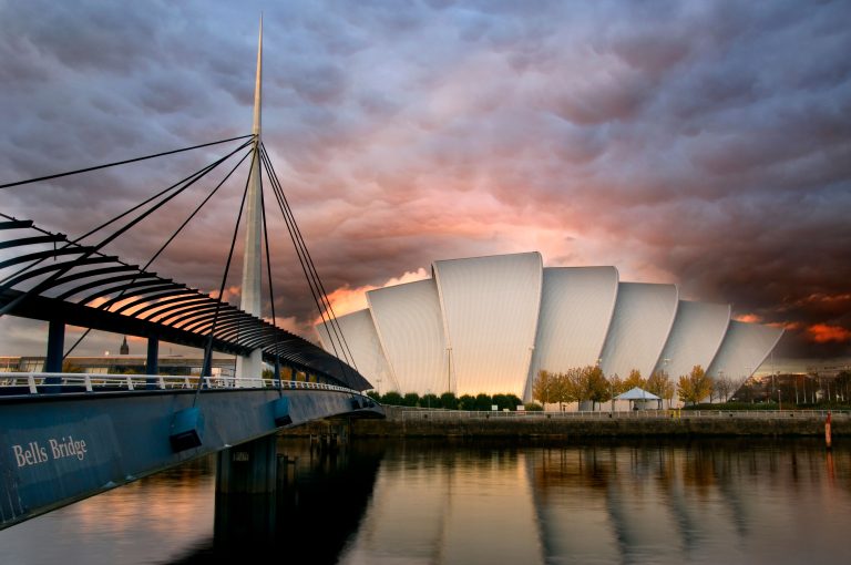 Sunset Over the Scottish Exhibition and Conference Centre and the River Clyde, Glasgow, Scotland, UK
